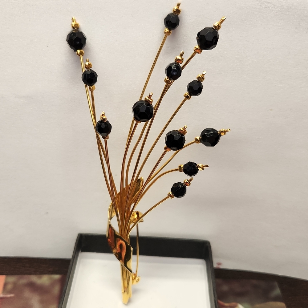 #2413, LARGE 5"in  BOUQUET BROOCH 1960's VINTAGE, BLACK BEAD BALLS, gold plated